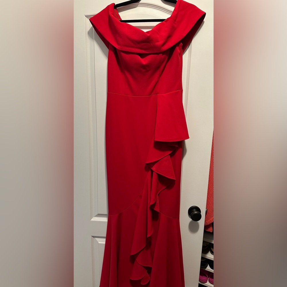 Betsy Adam red off shoulder dress, size 8